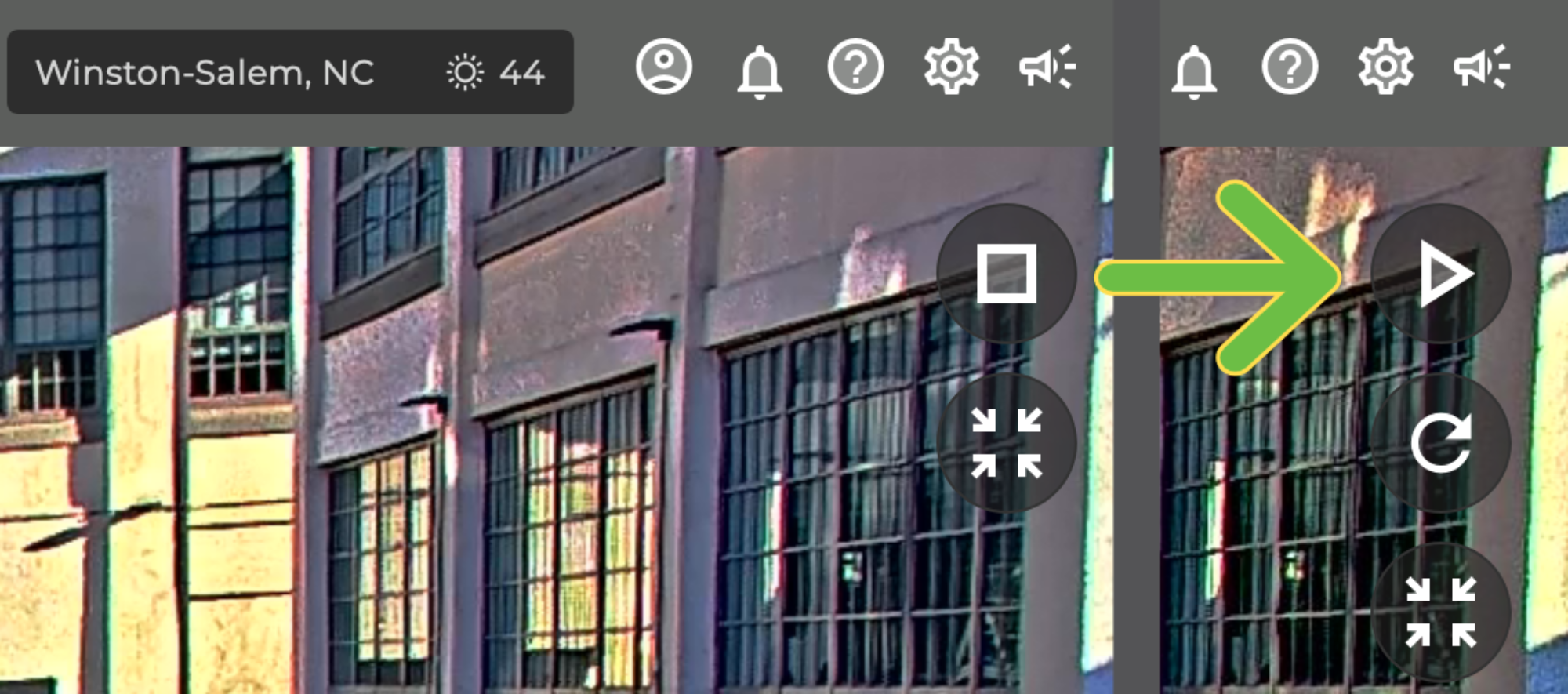 Screen of a PTZ camera dashboard. The top-right triangle play icon is showing an arrow to a second screenshot where the same button is now a square stop icon.