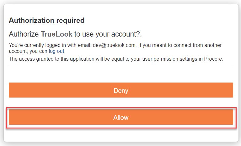 Procore Authorization Screen