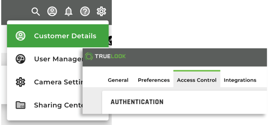 Menu dropdown with "Customer Details" highlighted and "Access Control" tab opened.
