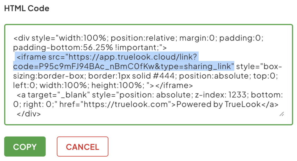 Embed Code with highlight on the included URL ending in "=sharing_link"