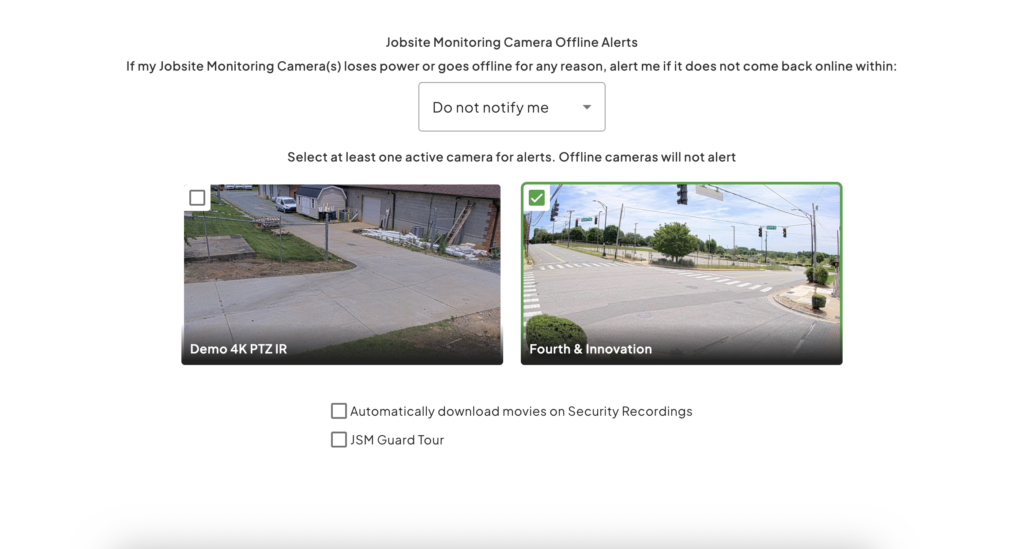 Jobsite Monitoring Select Cameras Screen