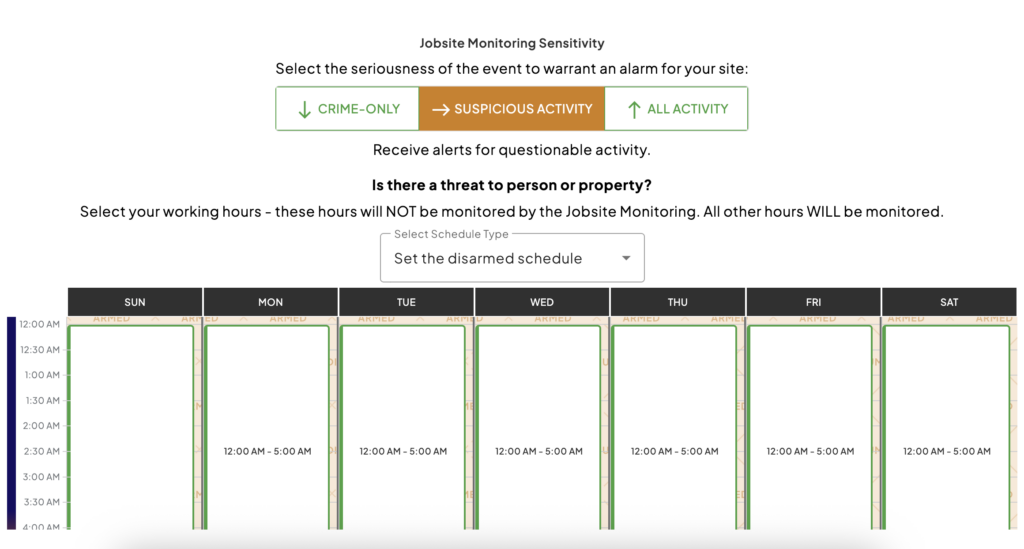 Jobsite Monitoring Set Schedule Screen