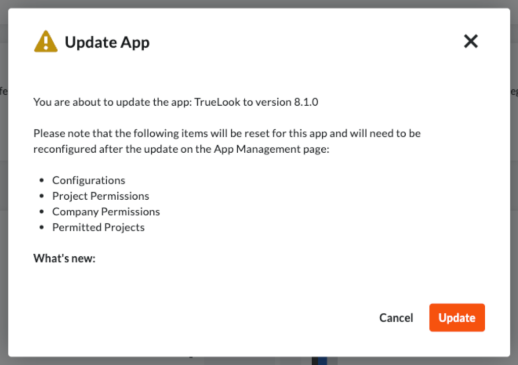 Procore Update Confirmation Window