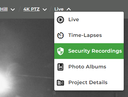 Breadcrumb menu with Security Recording highlighted