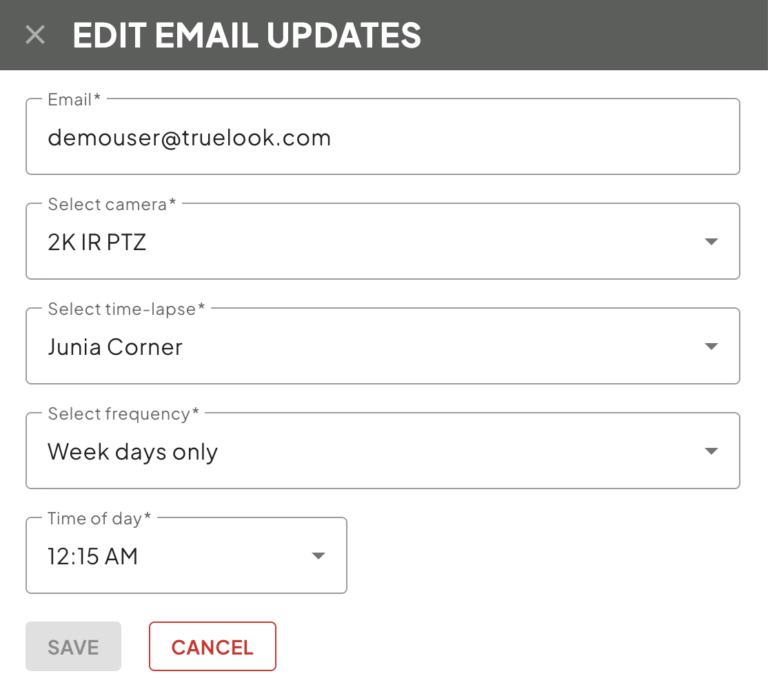 Edit Email Updates window