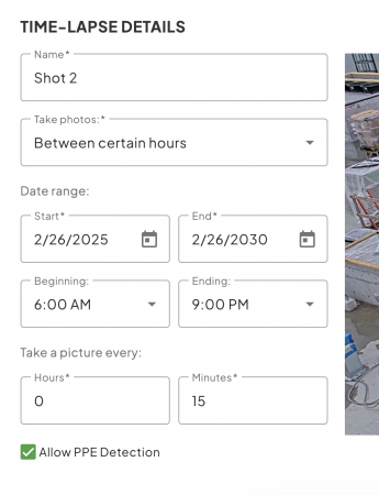 Time-lapse menu with Allow PPE Detect checked